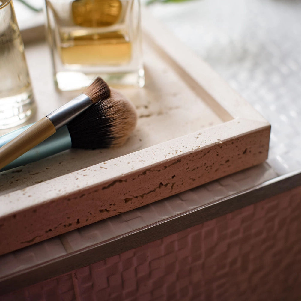 Whillan - Flat Rectangular Travertine Tray with Raised Lip
