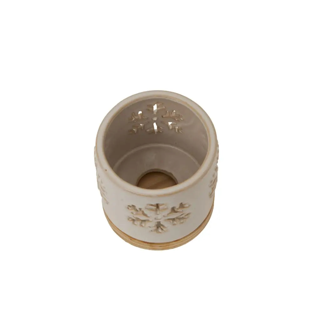 Alora Ceramic Snowflake Candle Holder On Wood Base