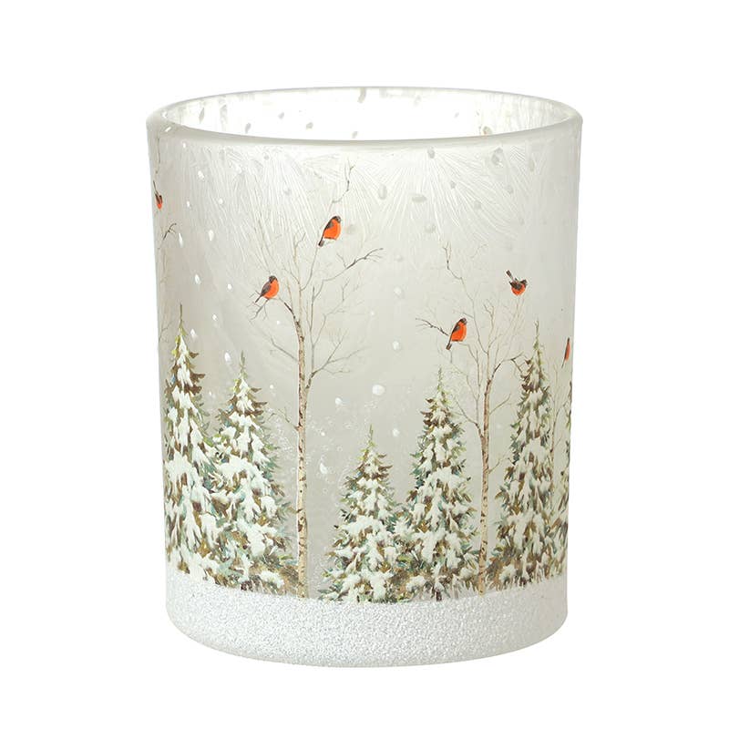 Snowy Robin Frosted Glass Candle Holder