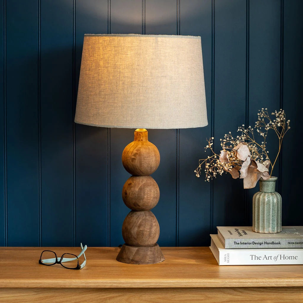 Frampton Hand-Carved Wooden Table Lamp with Linen Shade
