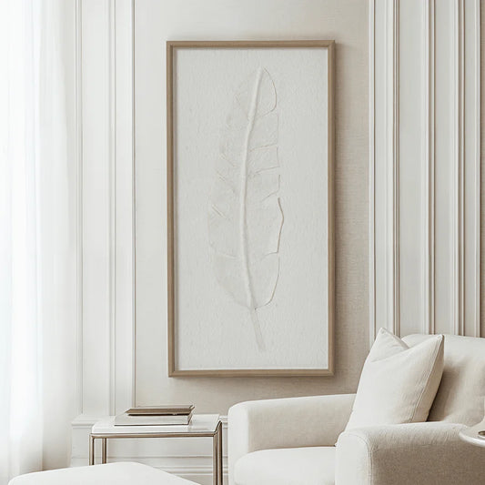 Large Quill White Feather Art Mounted In Beaded Frame