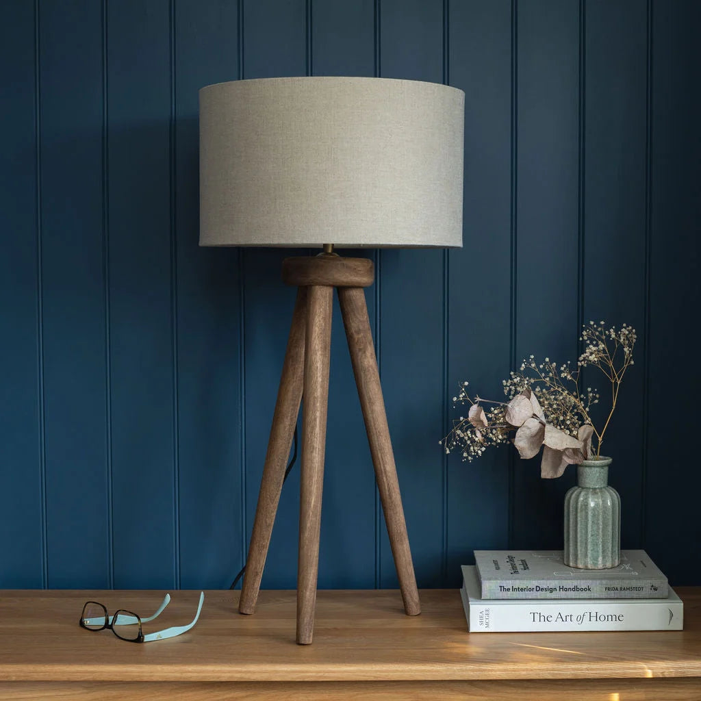 Pill Table Lamp, Hand-Carved Mango Wooden Tri-Pod Base