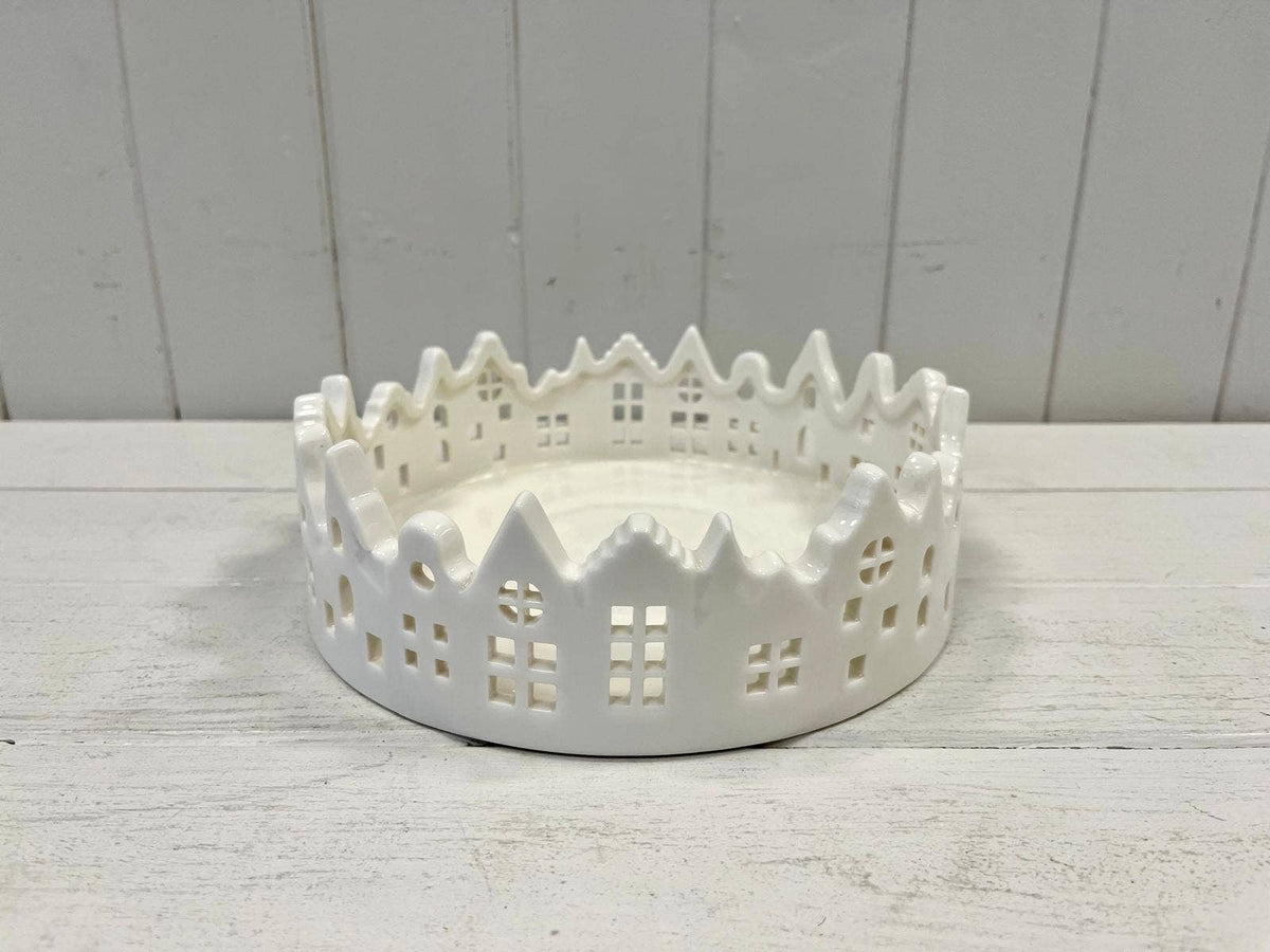 White Glazed Ceramic Candle Tray With Silhouette