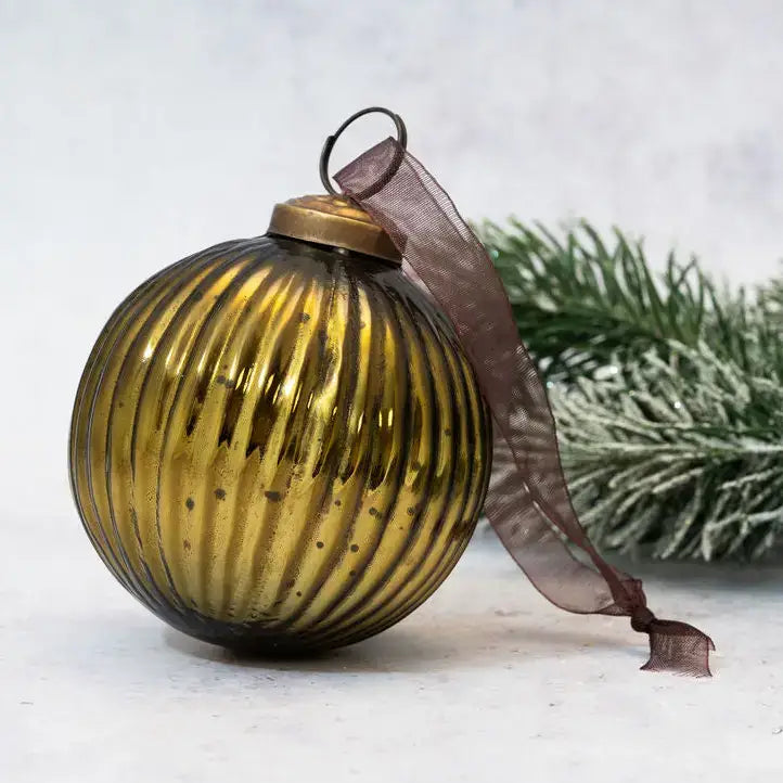 3’’ & 4’’ Olive Glass Ribbed Ball Decoration