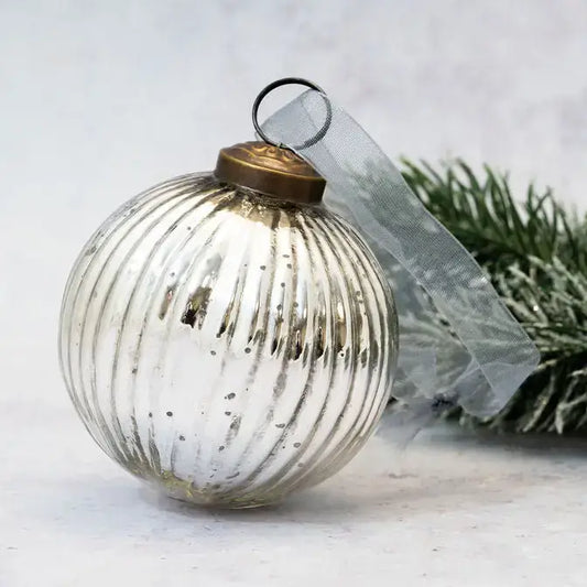 3’’ & 4’’ Silver Glass Ribbed Ball Decoration