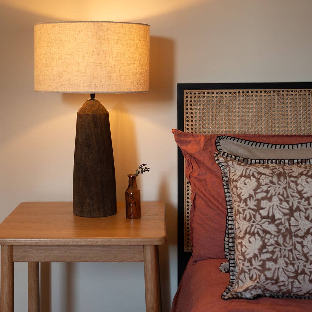 Tormarton - Chocolate Brown Rustic Wooden Table Lamp with Linen Shade
