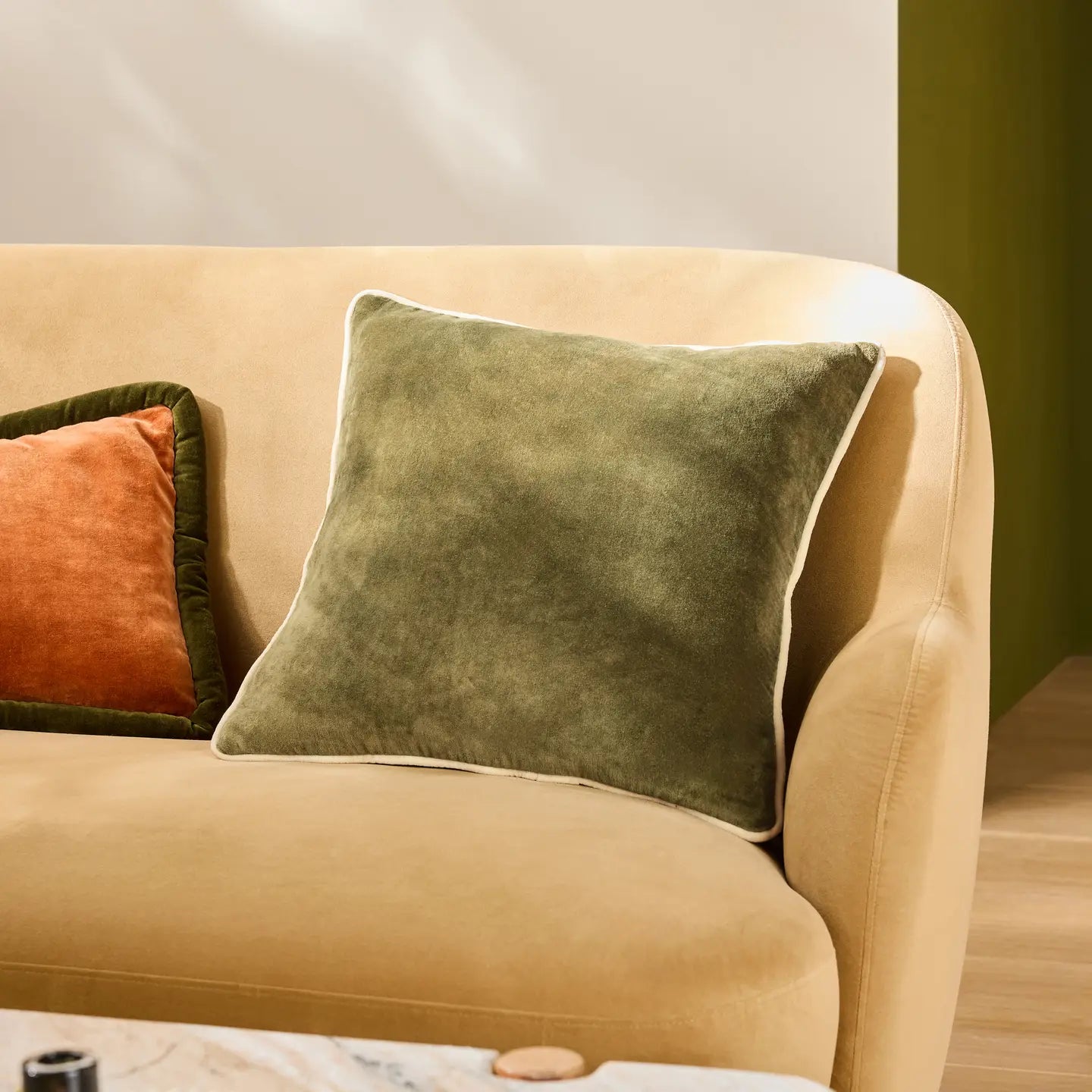 Bailey Brushed Cotton Velvet Cushion Green/Buttermilk