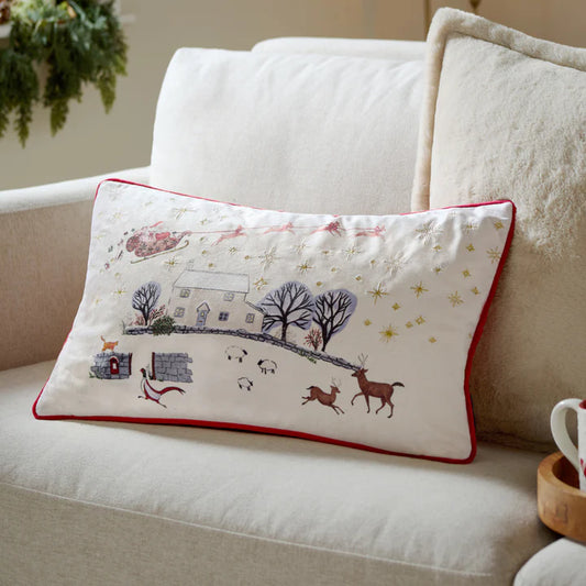 Cotswold Christmas Embroidered Velvet Cushion Cream/Burgundy
