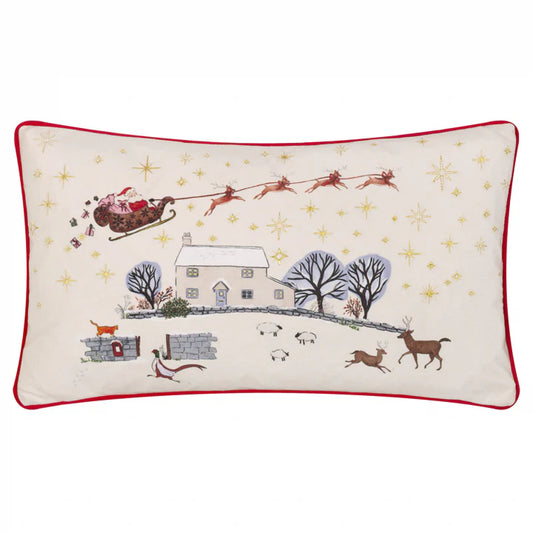 Cotswold Christmas Embroidered Velvet Cushion Cream/Burgundy