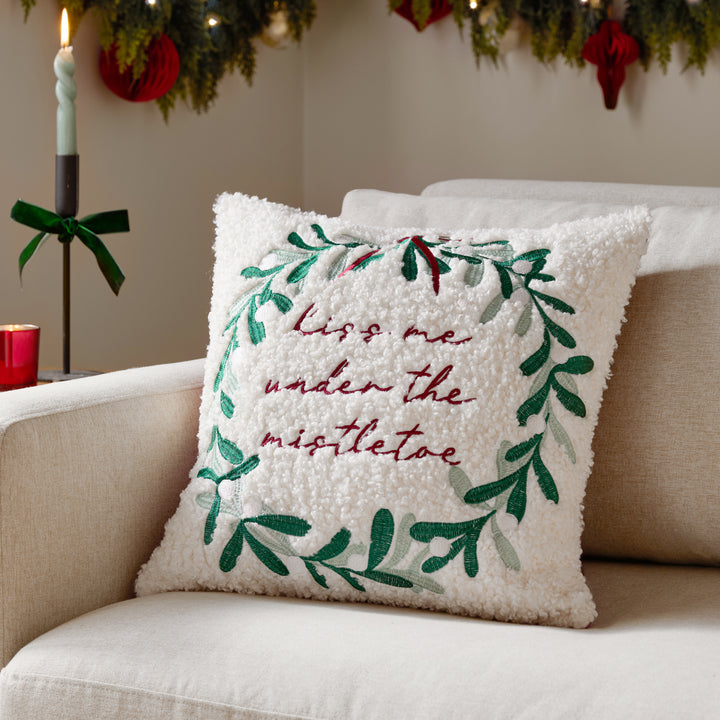 Mistletoe Wreath Embroidered Cushion Multicolour