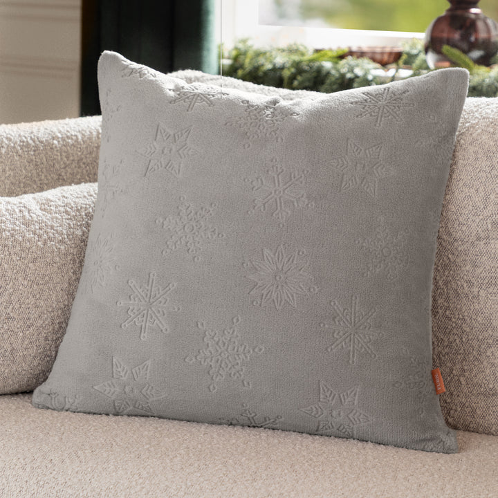 Snowflakes Faux Fur Cushion Grey