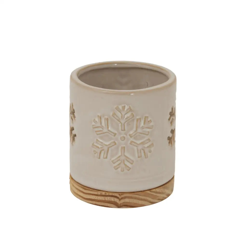 Alora Ceramic Snowflake Candle Holder On Wood Base