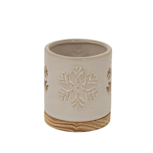 Alora Ceramic Snowflake Candle Holder On Wood Base