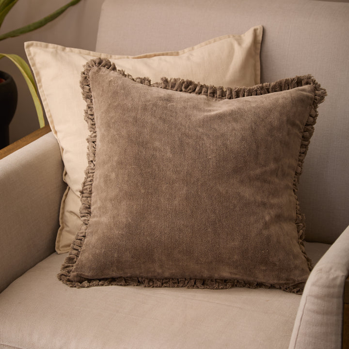 Bertie Washed Cotton Velvet Cushion Chocolate
