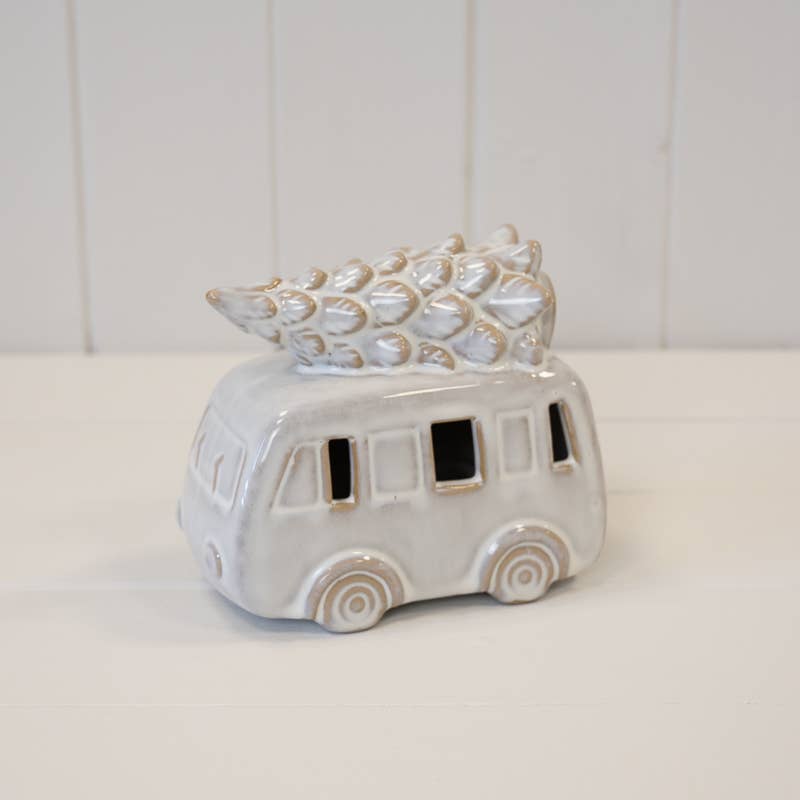 Ceramic Natural Camper Van With Christmas Tree On Roof
