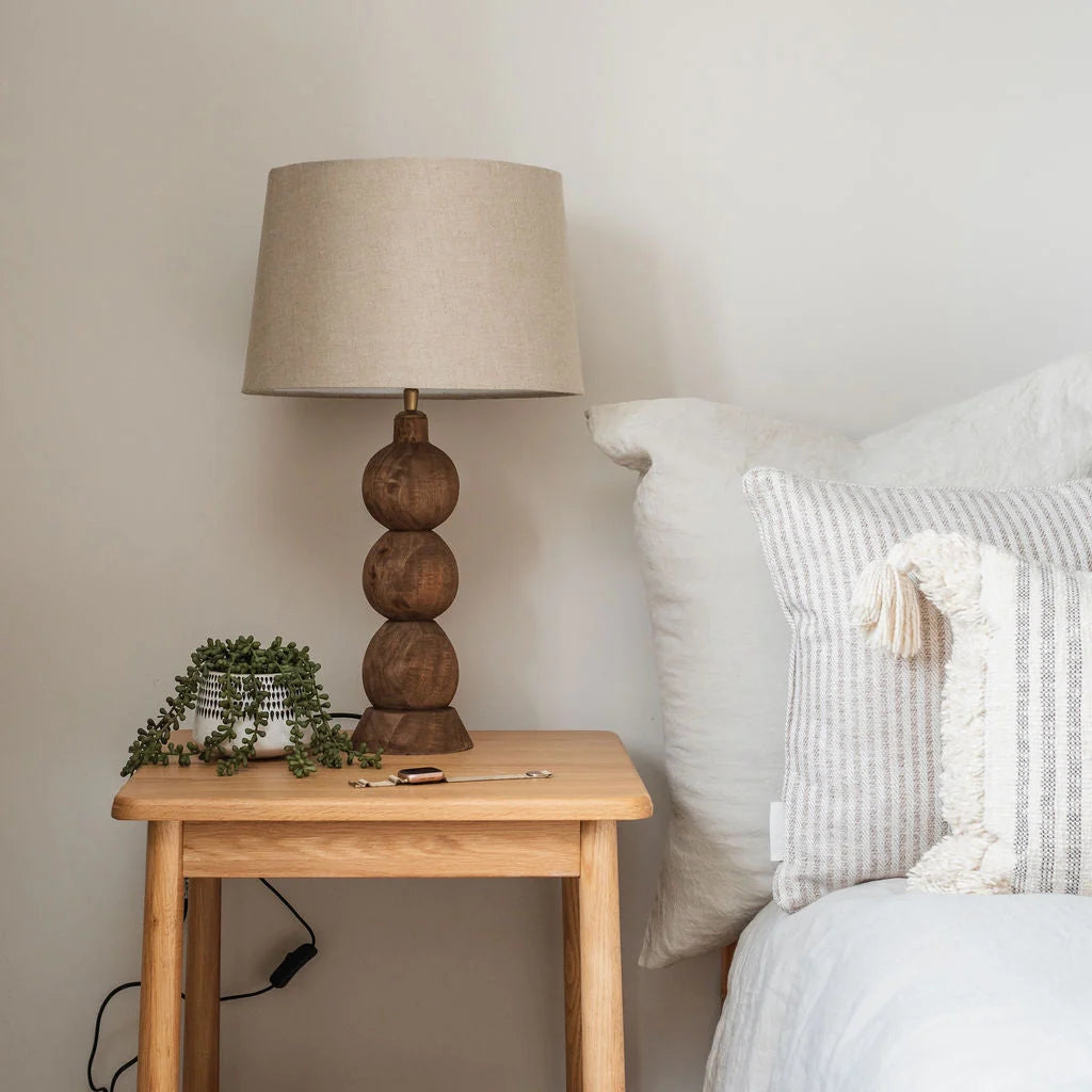 Frampton Hand-Carved Wooden Table Lamp with Linen Shade