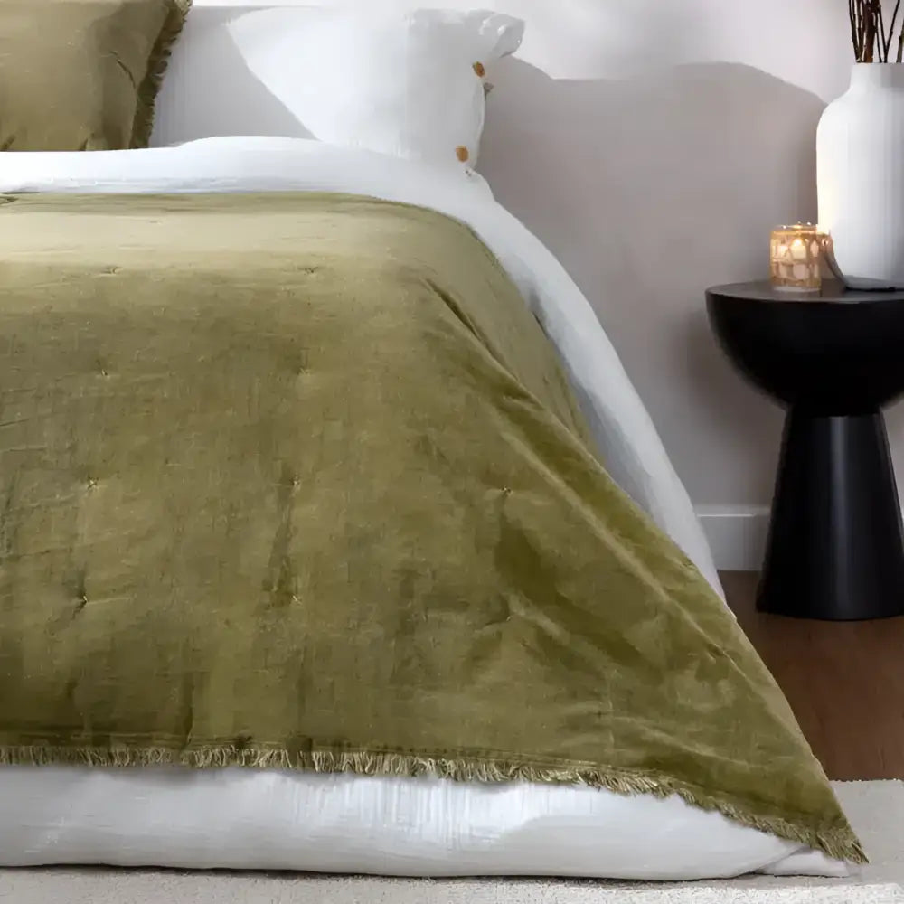 Jaye Cotton Velvet Filled Bedspread Moss image 1