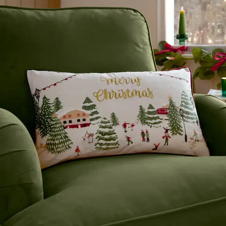Joy To All Embroidered Velvet Cushion Snow Berry