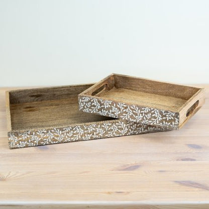 Large Mango Wood Tray with Flower Design