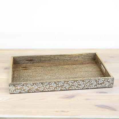 Large Mango Wood Tray with Flower Design
