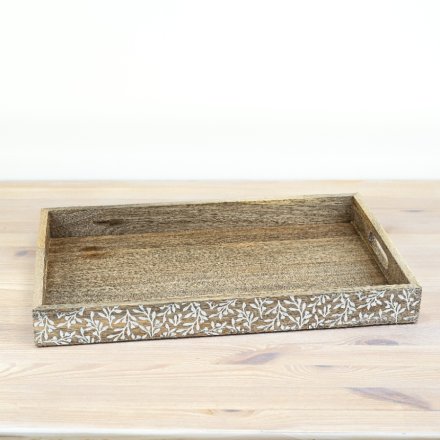 Large Mango Wood Tray with Flower Design
