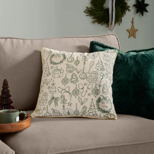 Merry Christmas Velvet Cushion Ecru/Dark Green