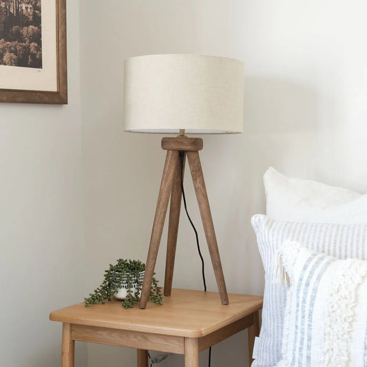Pill Table Lamp, Hand-Carved Mango Wooden Tri-Pod Base