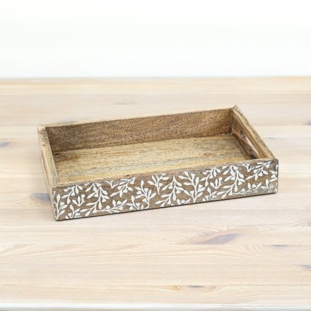 Small Mango Wood Tray with Flower Design